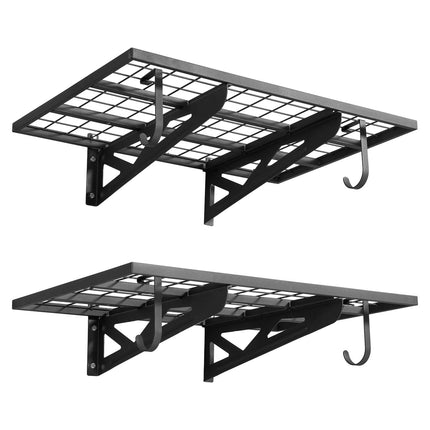 Wall-Mounted Garage Shelving, 2-Tier Steel with Hooks