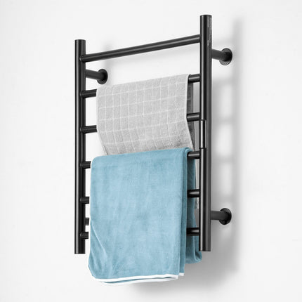 Wall-Mounted Heated Towel Rack, 6-Bar, Timer, LED Display, Black