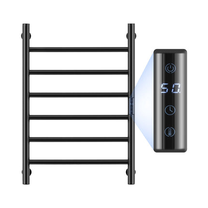 Wall-Mounted Heated Towel Rack, 6-Bar, Timer, LED Display, Black