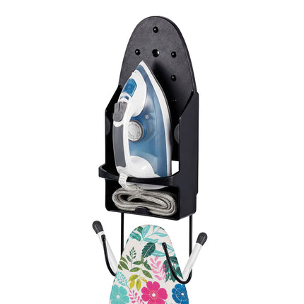 Wall-Mounted Iron Holder with Hooks, Black, Steel