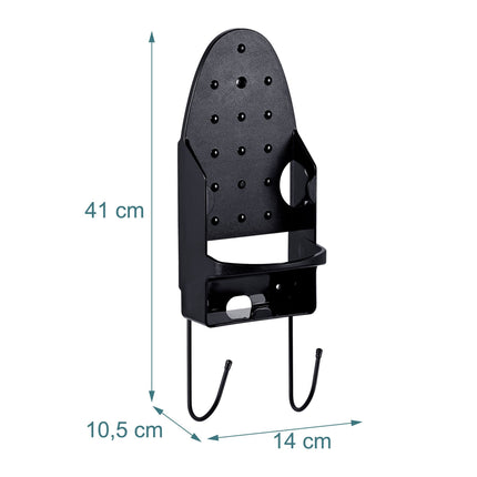 Wall-Mounted Iron Holder with Hooks, Black, Steel