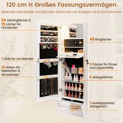 Wall-Mounted Jewelry Cabinet with Lock, LED Mirror, 120cm