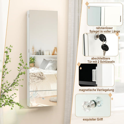 Wall-Mounted Jewelry Cabinet with Lock, LED Mirror, 120cm