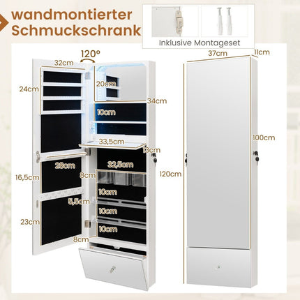 Wall-Mounted Jewelry Cabinet with Lock, LED Mirror, 120cm