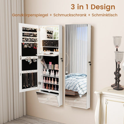 Wall-Mounted Jewelry Cabinet with Lock, LED Mirror, 120cm