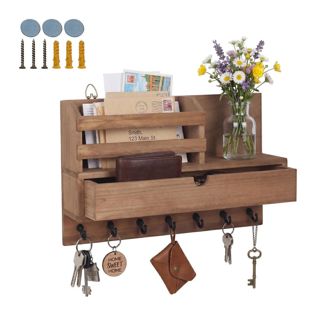 Wall-Mounted Key Rack, 7 Hooks, Drawer And Shelves