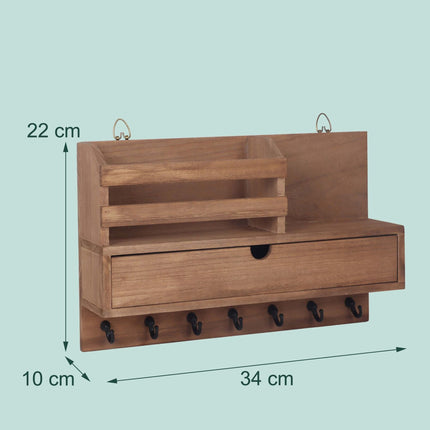 Wall-Mounted Key Rack, 7 Hooks, Drawer And Shelves