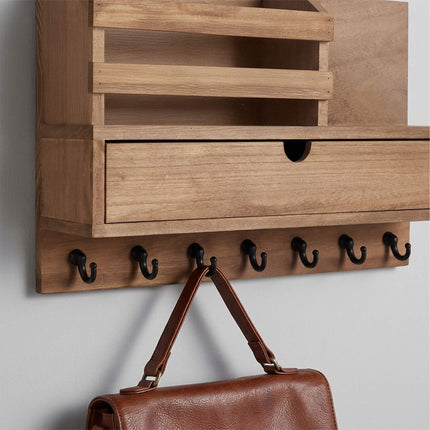 Wall-Mounted Key Rack, 7 Hooks, Drawer And Shelves
