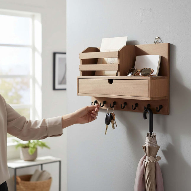 Wall-Mounted Key Rack, 7 Hooks, Drawer And Shelves