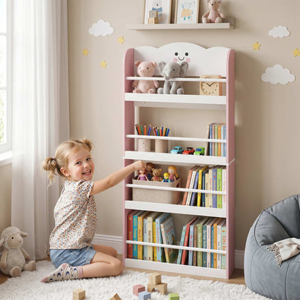 Wall-Mounted Kids Bookshelf, 4-Tier, Pink/White