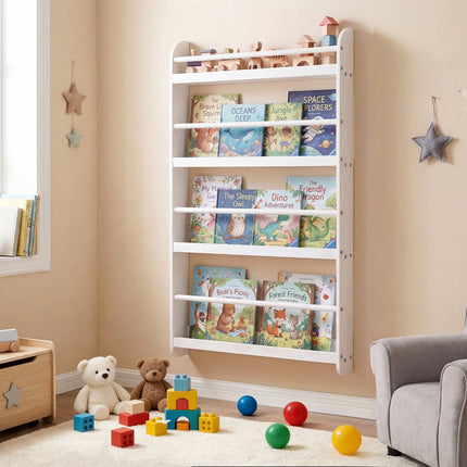 Wall-Mounted Kids Bookshelf, 4-Tier, White