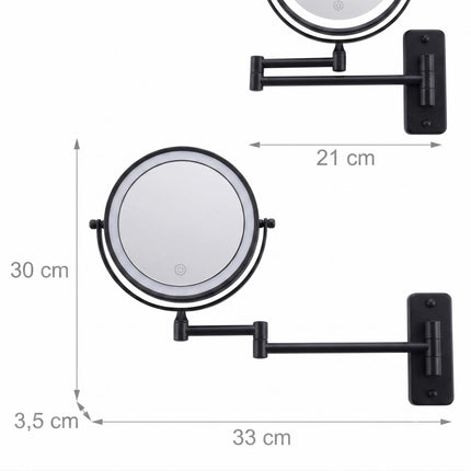 Wall-Mounted LED Cosmetic Mirror, 10x Magnification, Black