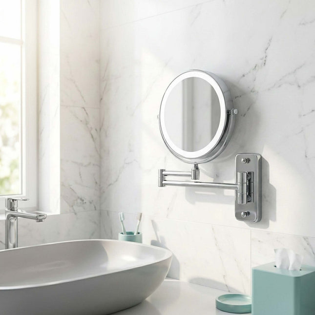 Wall-Mounted LED Cosmetic Mirror, 10x Magnification, Silver