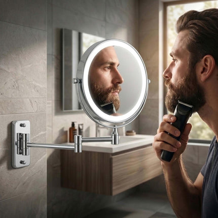 Wall-Mounted LED Mirror, 10x Magnifying, Silver