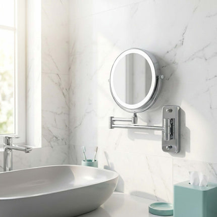 Wall-Mounted LED Mirror, 10x Magnifying, Silver