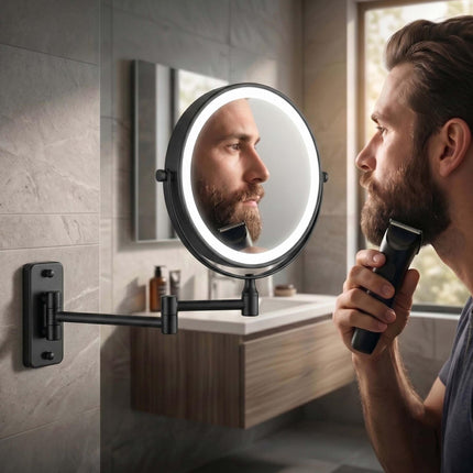 Wall-Mounted LED Vanity Mirror, 10x Magnification, Black