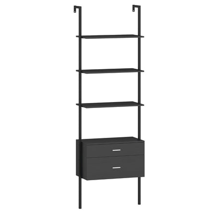 Wall-Mounted Ladder Bookshelf with Drawers, Black Metal Frame