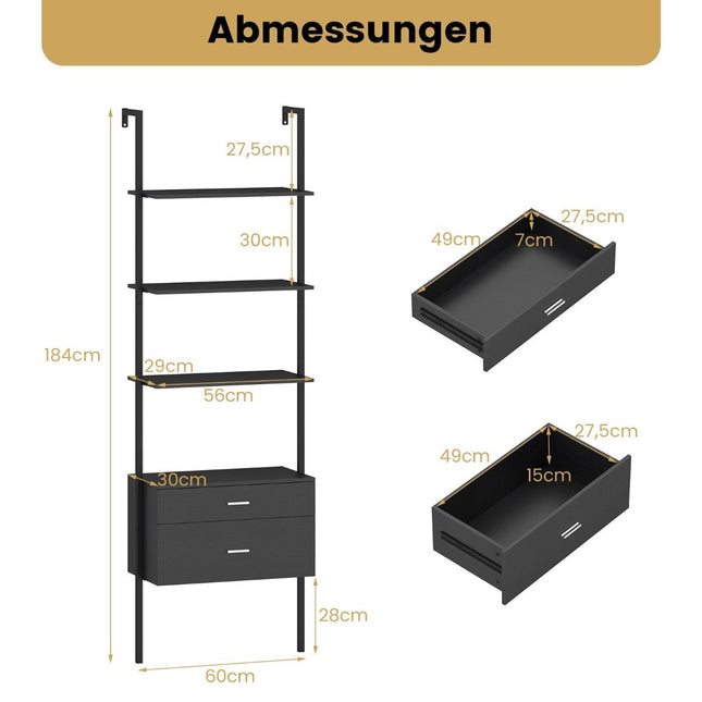 Wandgemonteerde ladderboekenplank met lades, zwart metalen frame
