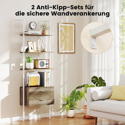 Wall-Mounted Ladder Shelf with 2 Drawers, Metal Frame, Gray