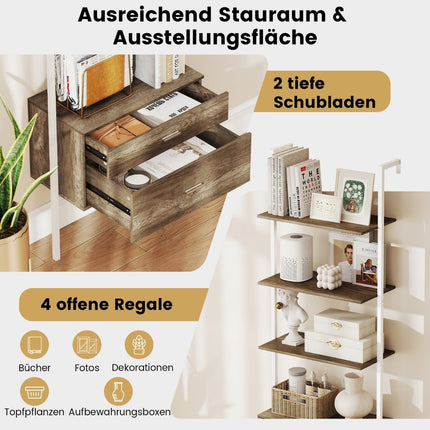 Wall-Mounted Ladder Shelf with 2 Drawers, Metal Frame, Gray