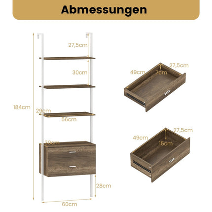 Wall-Mounted Ladder Shelf with 2 Drawers, Metal Frame, Gray