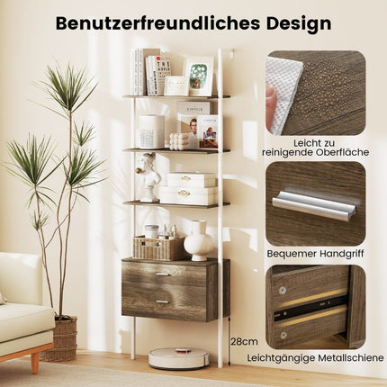Wall-Mounted Ladder Shelf with 2 Drawers, Metal Frame, Gray