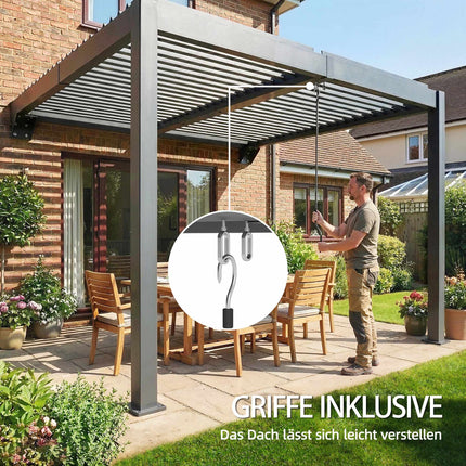 Wall-Mounted Louvered Pergola, 3x3m, Adjustable Metal Roof