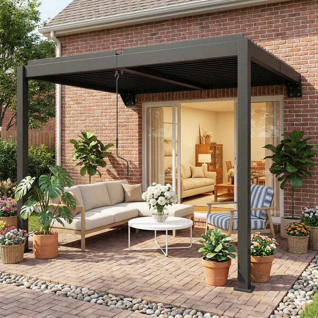 Wall-Mounted Louvered Pergola, 3x3m, Adjustable Metal Roof