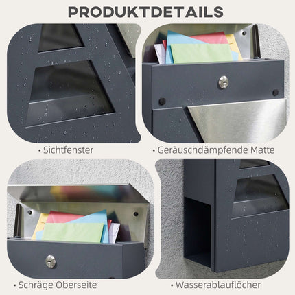 Wall-Mounted Mailbox, 13L, Quiet Close, Dark Grey