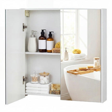Wall-Mounted Medicine Cabinet, 2-Tier, Double Mirrored Doors, White