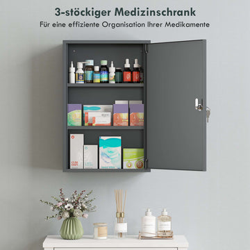 Wall-Mounted Medicine Cabinet, Lockable, 3 Shelves, Grey