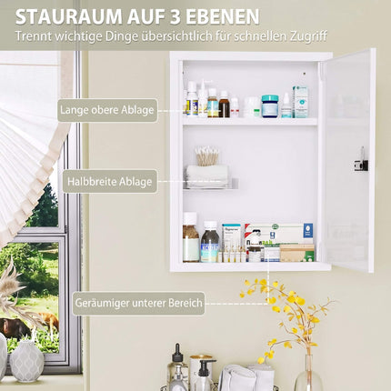 Wall-Mounted Medicine Cabinet with Lock, Steel, White