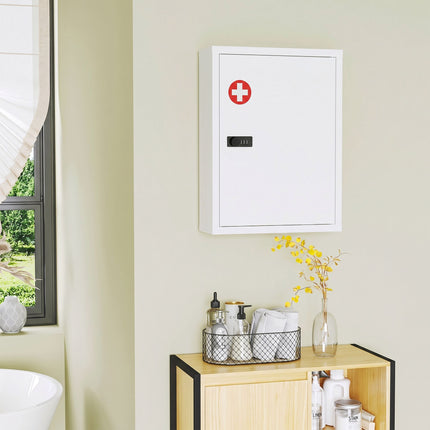 Wall-Mounted Medicine Cabinet with Lock, Steel, White