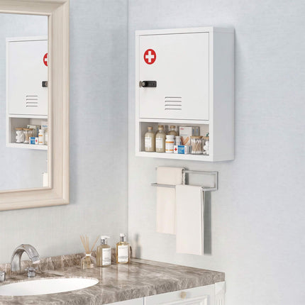 Wall-Mounted Medicine Cabinet with Lock, White, Steel