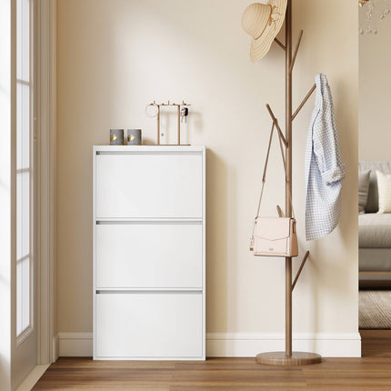 Wall-Mounted Metal Shoe Cabinet, 3 Flip Drawers, White