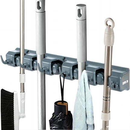 Wall-Mounted Mop Holder, 5 Positions, 6 Hooks, Dark Gray