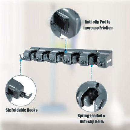 Wall-Mounted Mop Holder, 5 Positions, 6 Hooks, Dark Gray