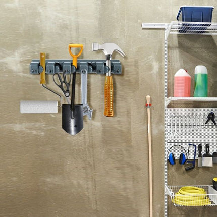 Wall-Mounted Mop Holder, 5 Positions, 6 Hooks, Dark Gray