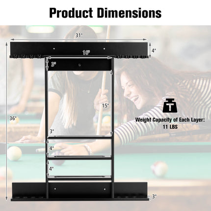 Wall-Mounted Pool Cue Rack, 8 Cues, 15 Balls, Black