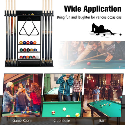 Wall-Mounted Pool Cue Rack, 8 Cues, 15 Balls, Black