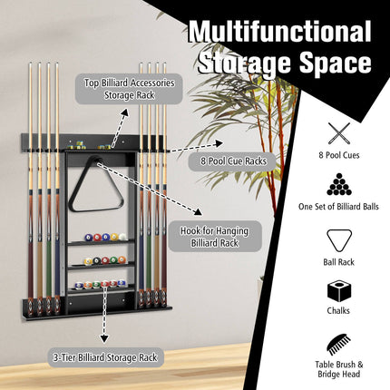 Wall-Mounted Pool Cue Rack, 8 Cues, 15 Balls, Black