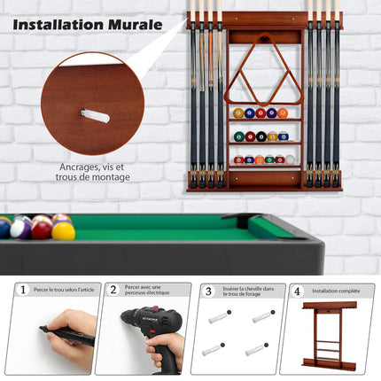 Wall-Mounted Pool Cue Rack, Holds 8 Cues, 15 Balls, Pine Wood