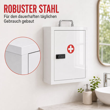 Wall-Mounted Steel Medicine Cabinet with Combination Lock, White