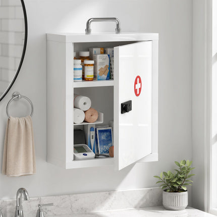Wall-Mounted Steel Medicine Cabinet with Combination Lock, White