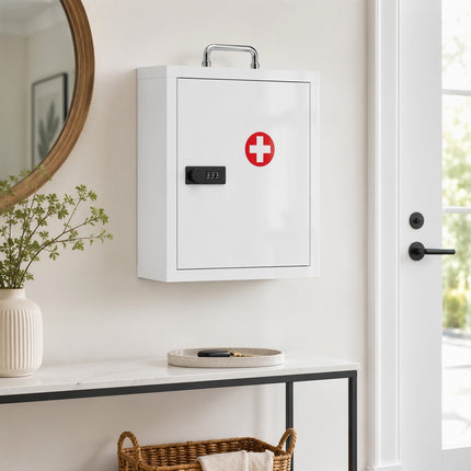 Wall-Mounted Steel Medicine Cabinet with Combination Lock, White