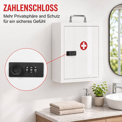 Wall-Mounted Steel Medicine Cabinet with Combination Lock, White