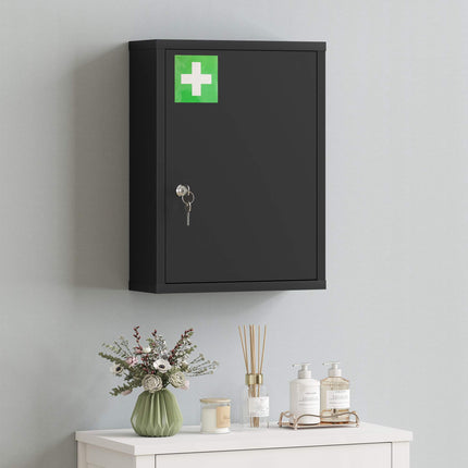 Wall-Mounted Steel Medicine Cabinet with Lock, 3 Shelves, Black