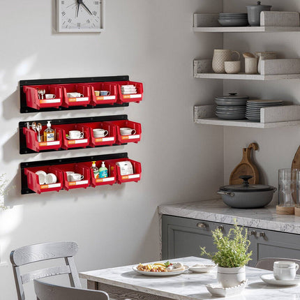 Wall-Mounted Storage Bins, 12-Pack With 3 Rails, Red