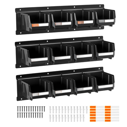 Wall-Mounted Storage Bins Set, 12 Bins, 3 Rails, Black