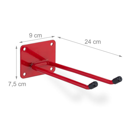 Wall Mounted Tool Holder, Red Steel, Double Hook